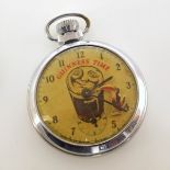 "Guinness Time" chrome pocket watch , glass of guiness to dial with pecking toucan, steel plate