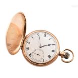 9ct gold full Hunter pocket watch , crown winding jewelled movement stamped 'SWISS MADE', case