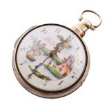 Georgian silver pair case pocket watch with painted Dutch scene to dial , hallmarked 1815,