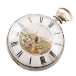 Silver pair case pocket watch , 'Speed the Plough' painted scene to dial, brass fussee movement