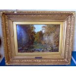 Gilt framed oil on board of tranquil wooded river scene by A. Buckner. Condition reports are not