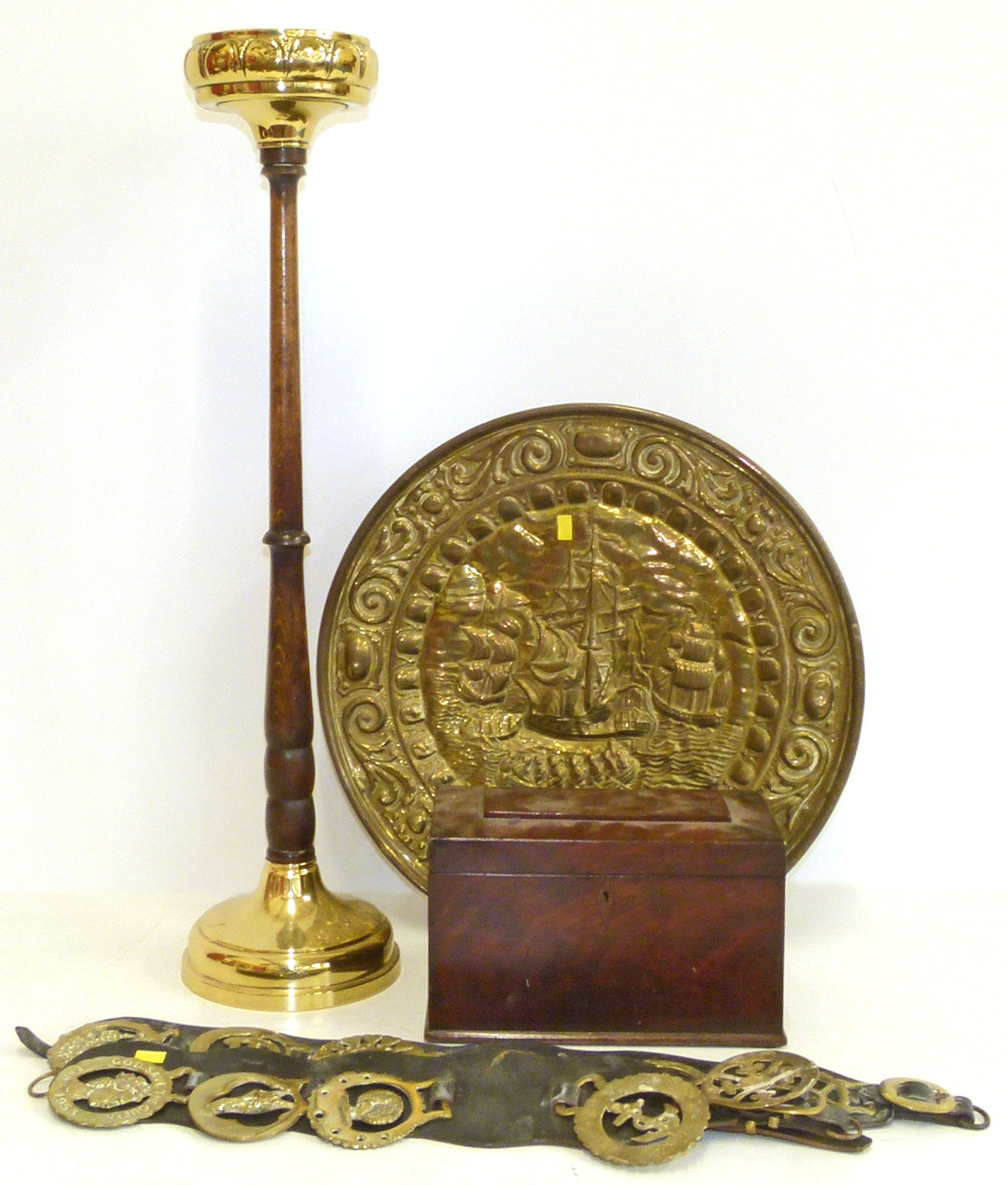 19th century two division mahogany tea caddy, two horse brass straps, embossed brass plaque and oak/