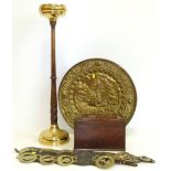 19th century two division mahogany tea caddy, two horse brass straps, embossed brass plaque and oak/