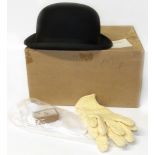 Bowler riding hat 6 3/4 (55) i original box complete with stock pin- gloves (medium) and neck stock.