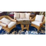 Kiani cane three piece conservatory suite and matching coffee table with smoked glass top. Condition