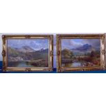 Pair late Victorian tranquil river, mountain and fishing scenes, signed A. Netherwood, 1889.