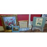 Silver painted table lamp and various framed pictures Condition reports are not available for our