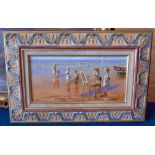 Framed P.J. Attfield oil on board, Children playing and painting on a beach. Condition reports are