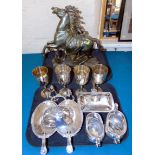 Brass marley horse, two division plated hors d'oevres dish complete with two ladles, four plated