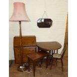 Standard lamp complete with shade, oak bureau and gate-leg table Condition reports are not available