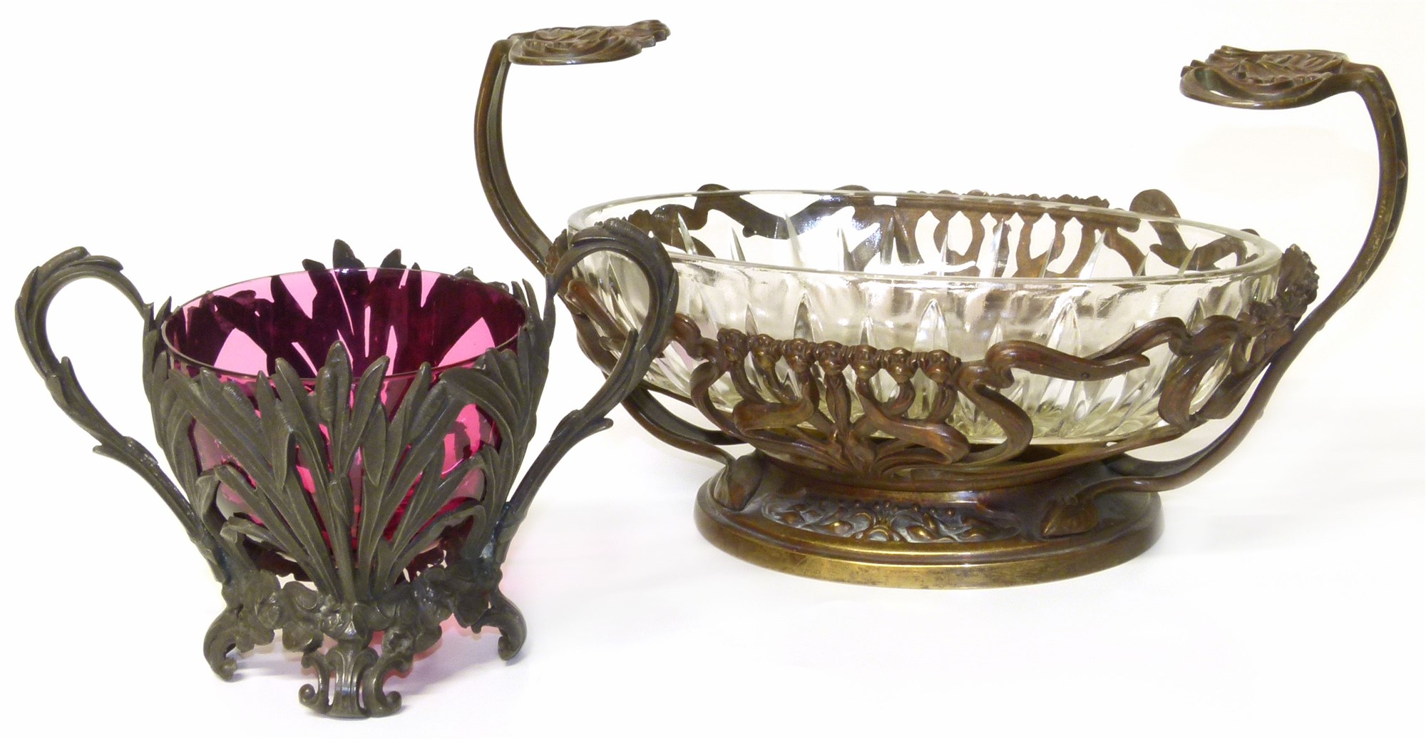 Bronze Art Nouveau basket, also one other sugar bowl. Condition reports are not available for our