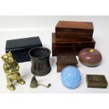 Collection of veneered wood, leather and metal trinket boxes, candle stand, bronze bear money box