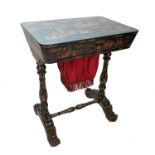 A 19th century chinnoiserie lacquered work table, the interior fitted with various compartments,