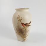 A Grainger's Worcester gilded ivory vase, decorated with a robin on a gilt branch,