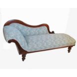 A 19th century chaise, with mahogany back, raised on turned legs,