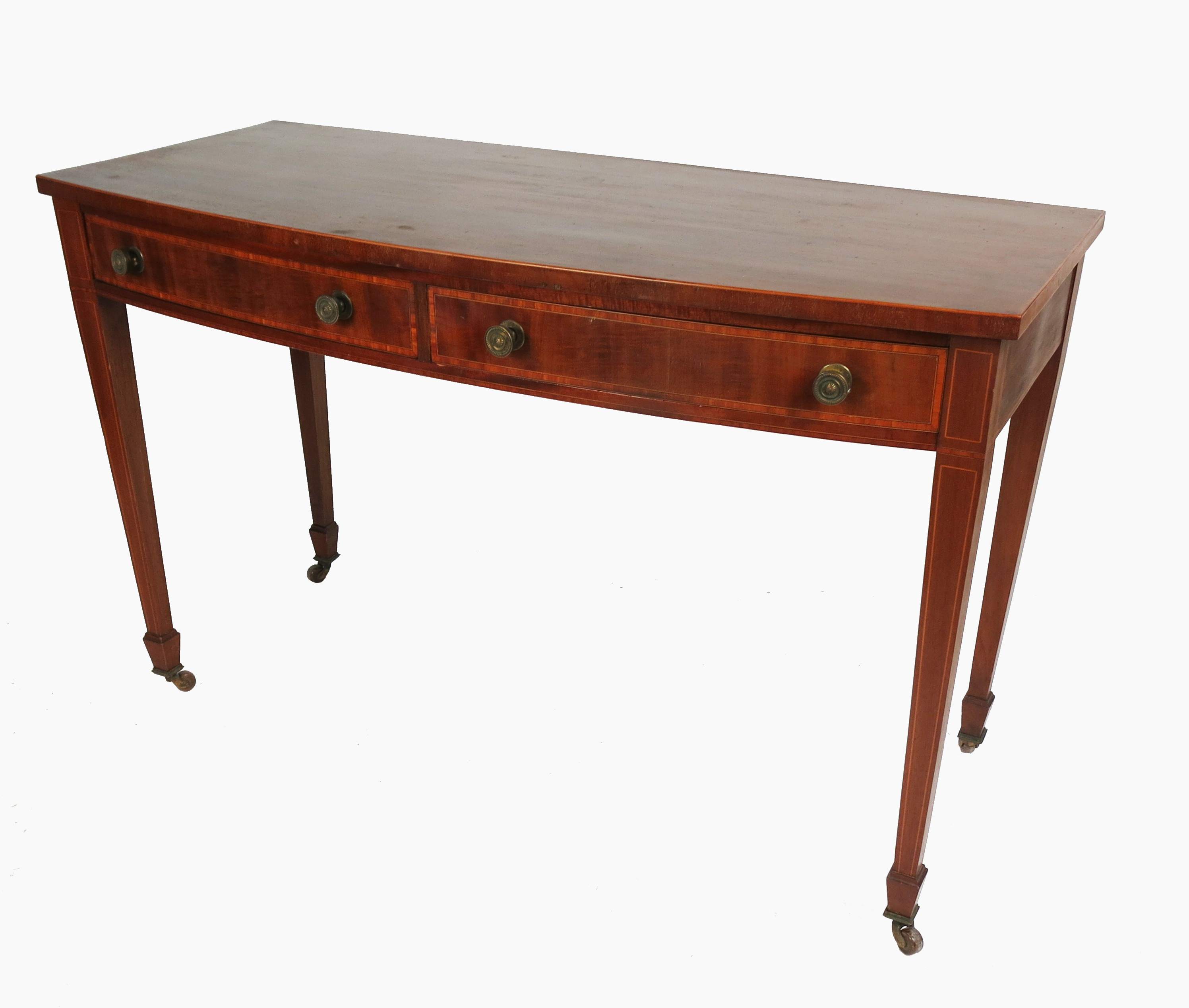 A 19th mahogany bow fronted table, with line inlay decoration, raised on four tapering legs,