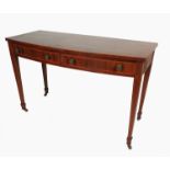 A 19th mahogany bow fronted table, with line inlay decoration, raised on four tapering legs,