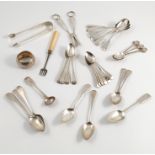 A collection of silver flatware, to include fiddle pattern tea spoons, bright cut tea spoons,