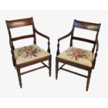 A pair of 19th century mahogany armchairs, with ebonised line inlay bar backs,