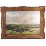 Reginald Tilbrook, oil on canvas, an open landscape with village, 20ins x 30ins,