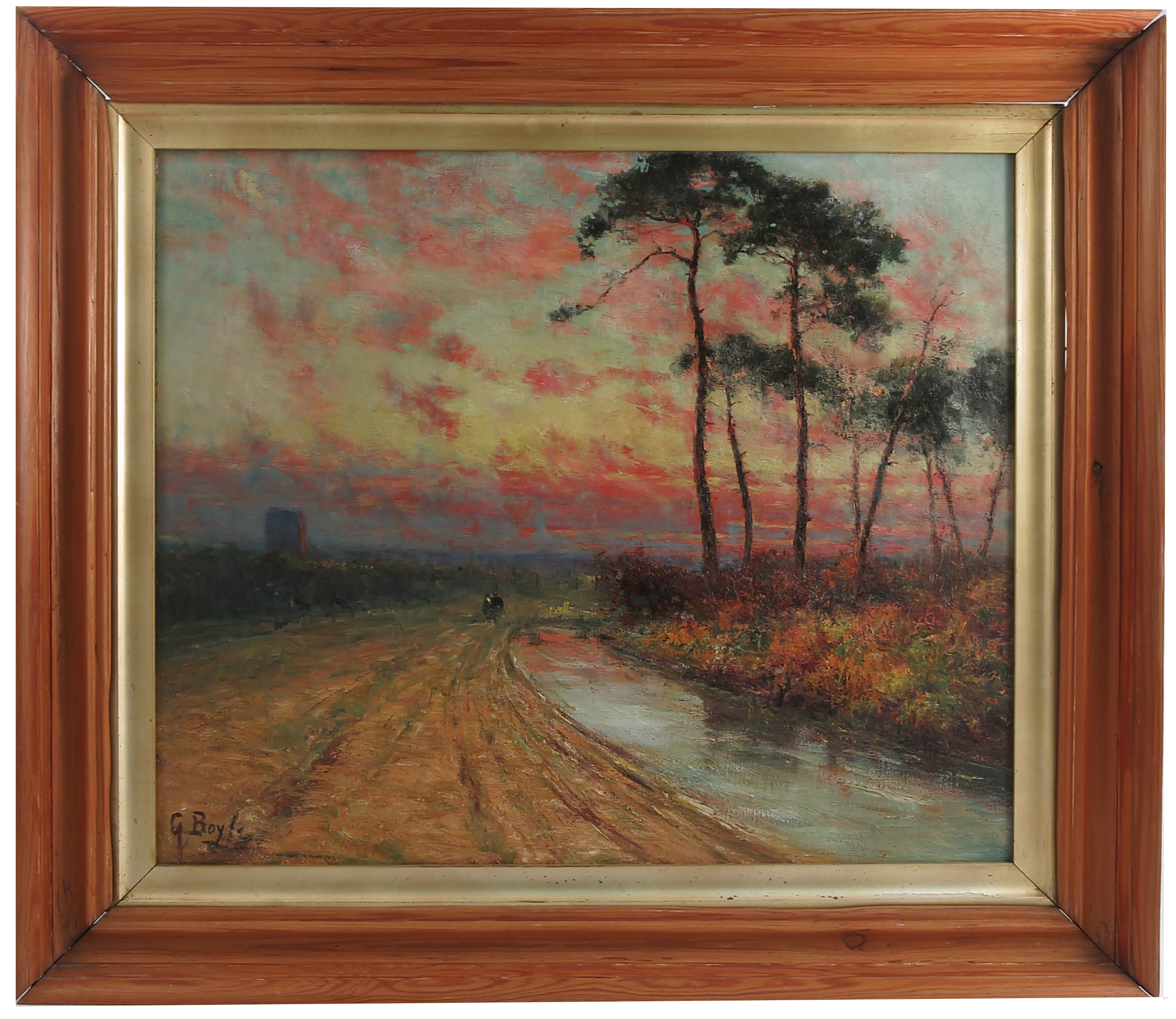 G Boyle, oil on canvas, landscape with red sky and figures on a lane,