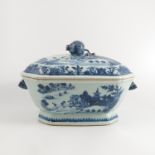 A Chinese export blue and white tureen and cover, decorated with Oriental landscape,