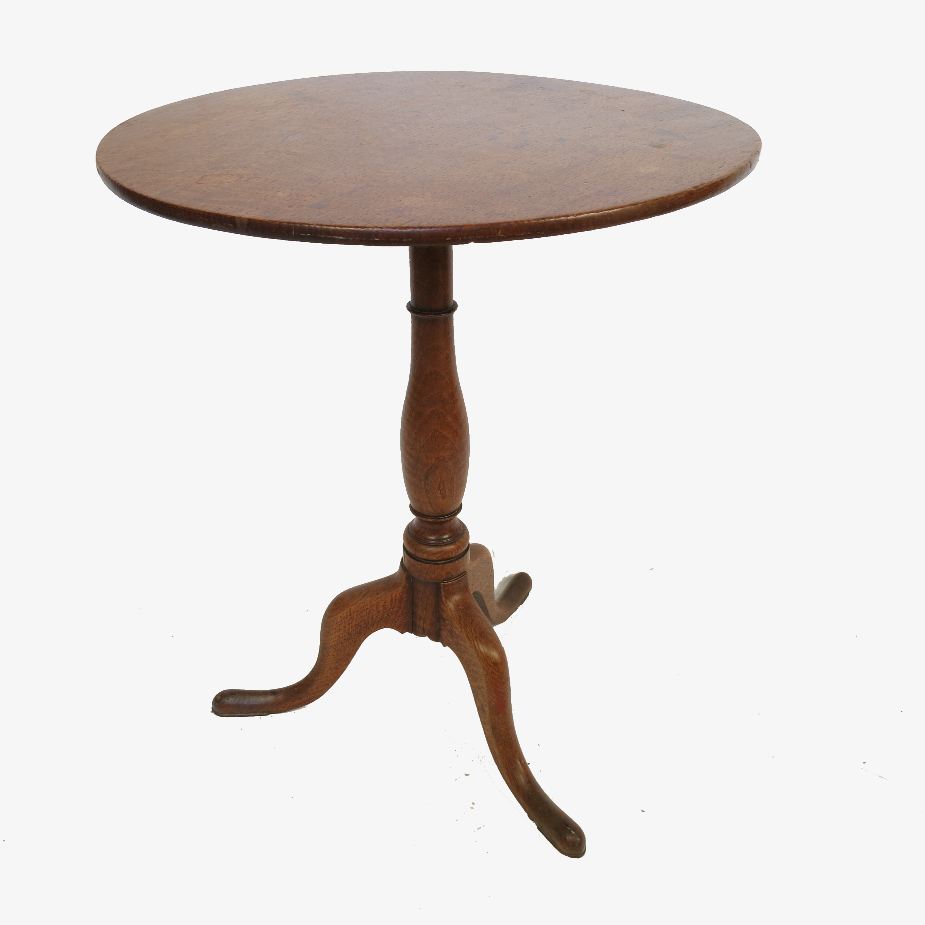 A 19th century oak occasional table, raised on a tripod base with well figured column,