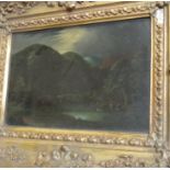 A 19th century school, oil on board, a moonlit continental landscape, with lake,
