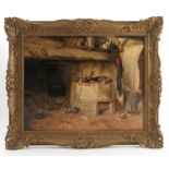 A 19th century oil on canvas, interior scene with children playing, 13.75ins x 17.