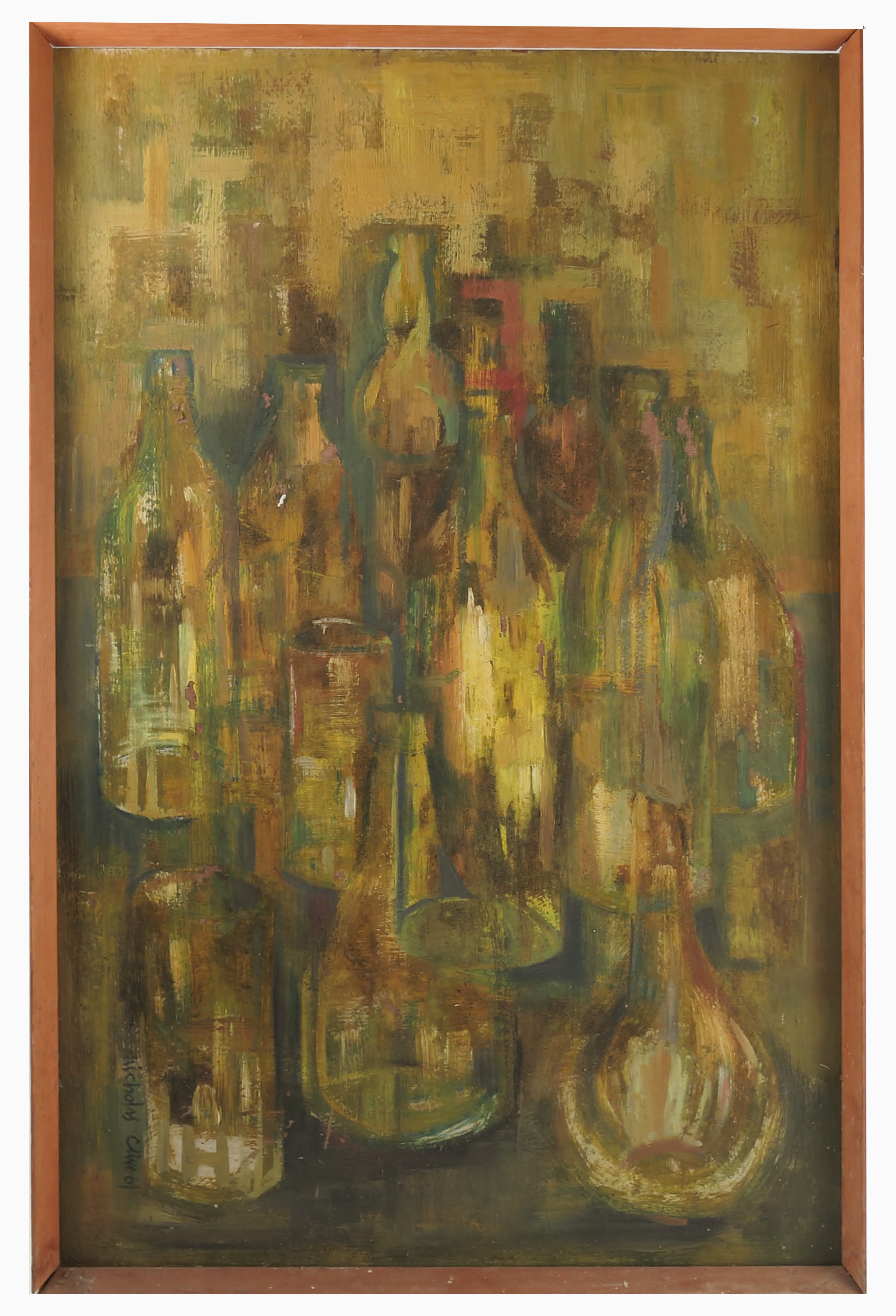 N C P Giles, oil on board, Illuminated Bottles, abstract, inscribed verso, 36ins x 23.