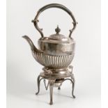 A silver spirit kettle on stand, together with burner, with fixed handle over,