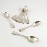 A set of ten silver fiddle, thread and shell pattern dessert spoons, engraved with an initial,