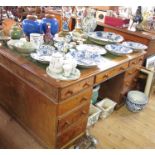 An oak partner's desk, with three frieze drawers,