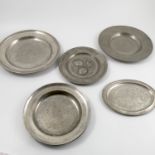 A collection of Antique pewter circular dishes and bowls,