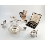 A collection of silver plated items, to include two oval gallery trays, serving dishes, bowls,