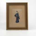 An Oriental watercolour on rice paper, of an Eastern figure in blue and gold outfit, 8.5ins x 5.