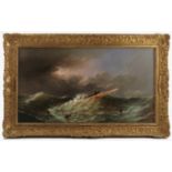 Attributed to D McKenzie, oil on panel, After the Storm, seascape with waves and a mast, 15ins x 27.