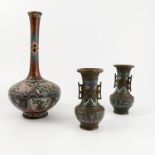 A pair of brass and cloisonne vases, decorated with bands of cloisonne, height 6ins,