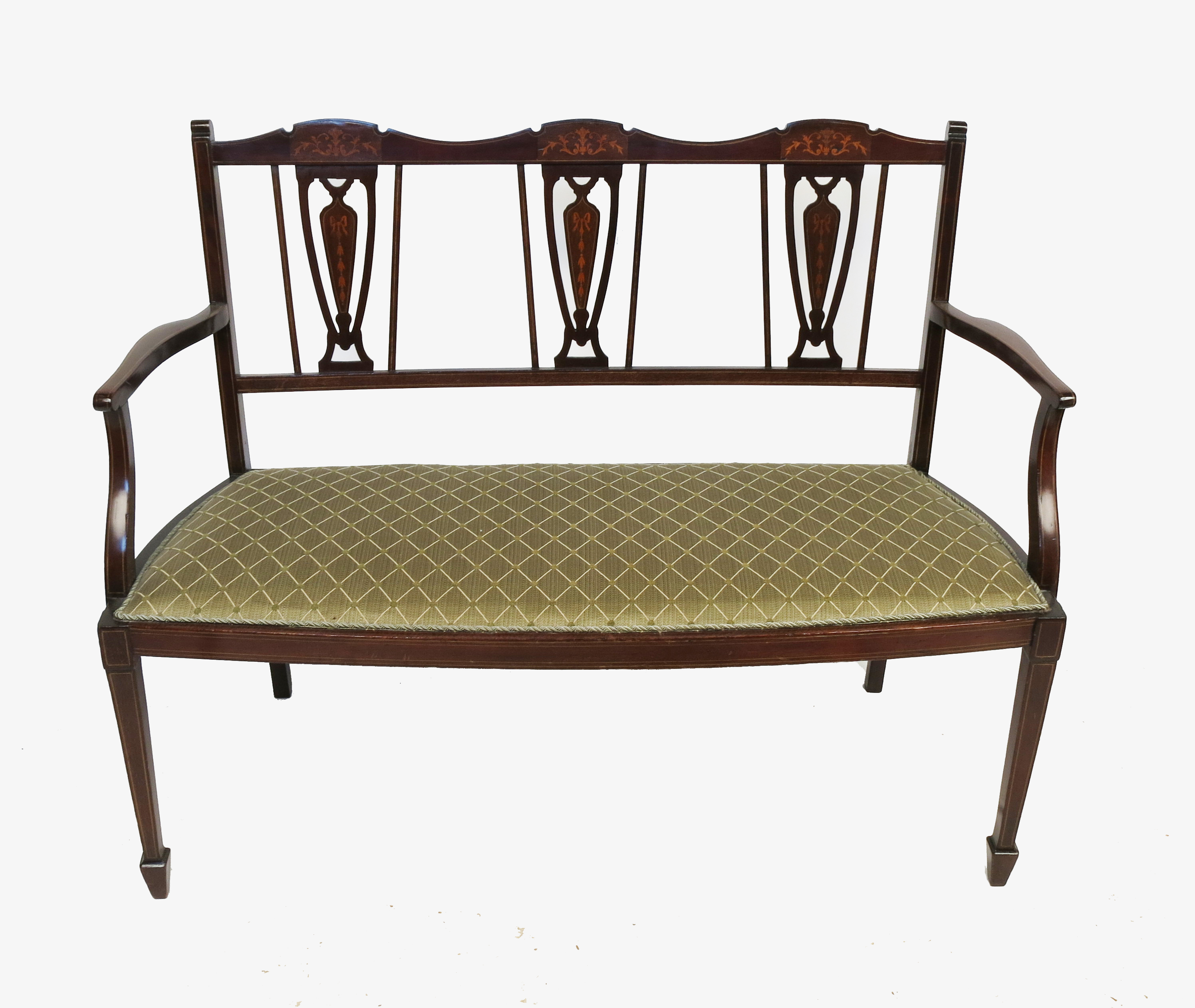 An Edwardian mahogany triple chair back settee, with boxwood marquetry inlay,