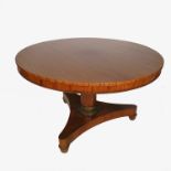 A 19th century circular mahogany breakfast table, raised on a column terminating in a triform base,