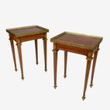 A pair of Kingwood side tables, having brass galleried tops, over gilt frieze,