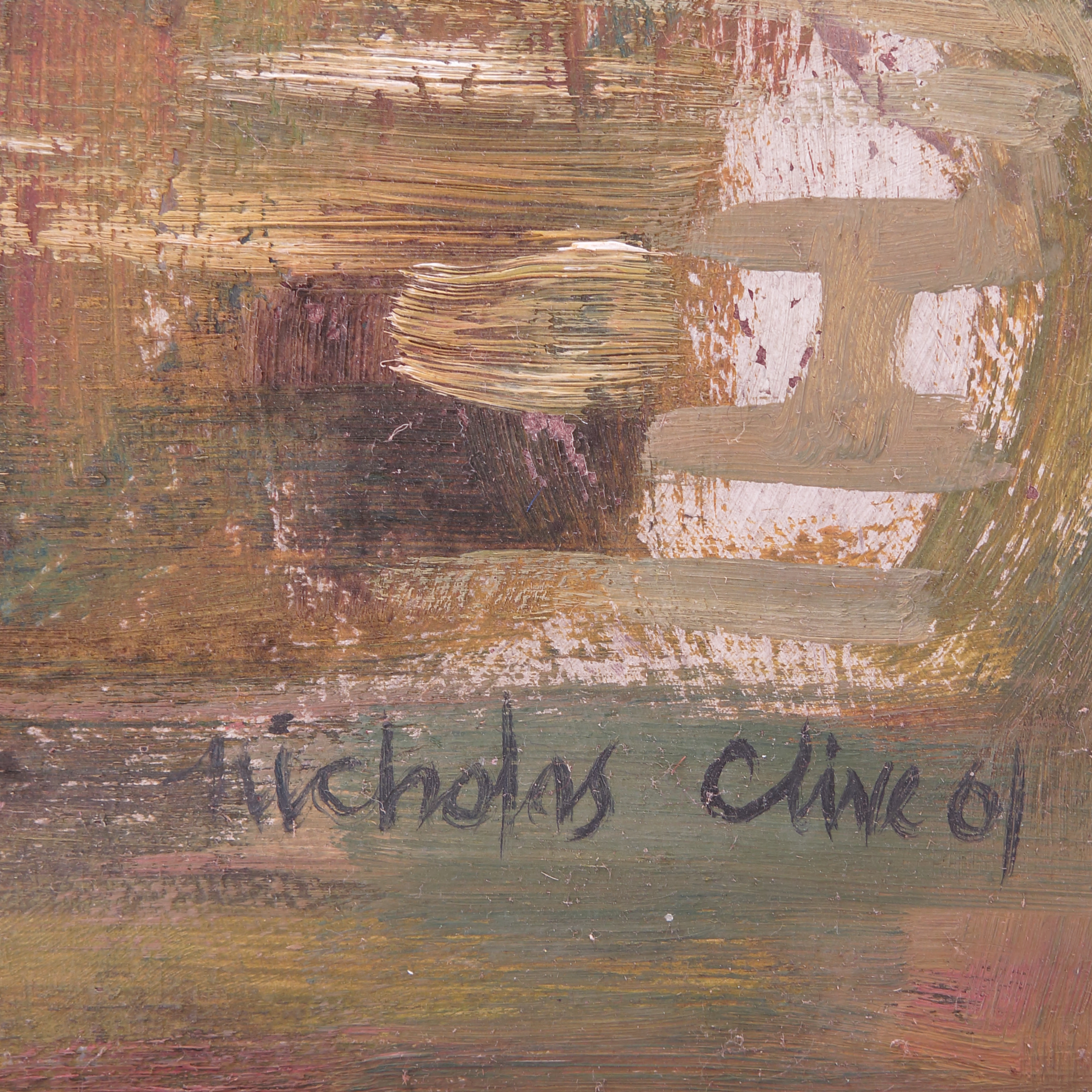 N C P Giles, oil on board, Illuminated Bottles, abstract, inscribed verso, 36ins x 23. - Image 2 of 2