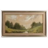 A 20th century oil on artist board, landscape with girl standing by a stream, monogrammed,