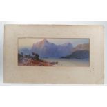 J.C.O, watercolour, view across water with figure in a boat and mountains beyond, monogrammed, 7.