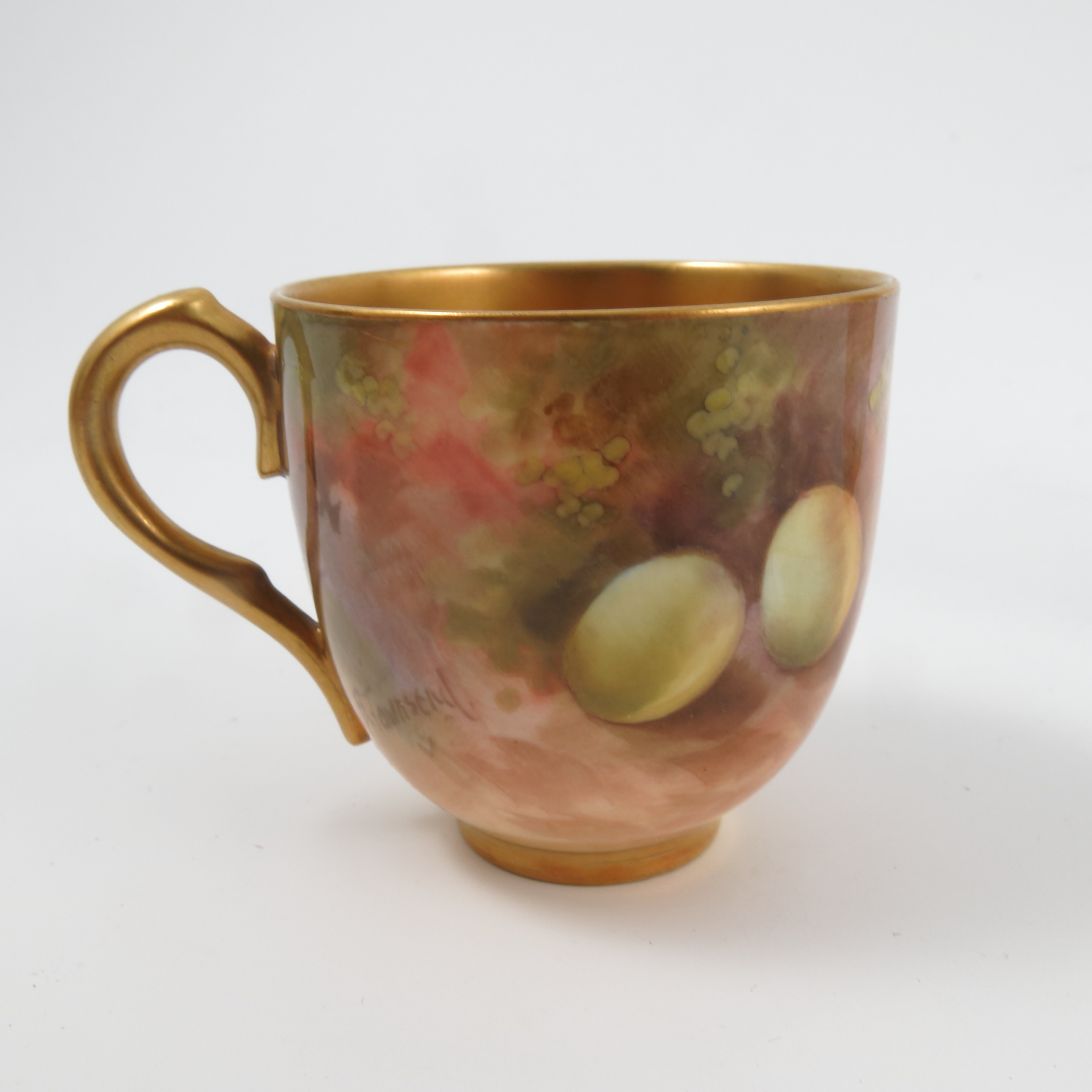 A Royal Worcester cabinet cup and saucer, decorated with fruit to a mossy background, - Image 3 of 4