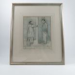 J L Forain, pencil sketch, figures with open door, text below, 11ins x 9ins,