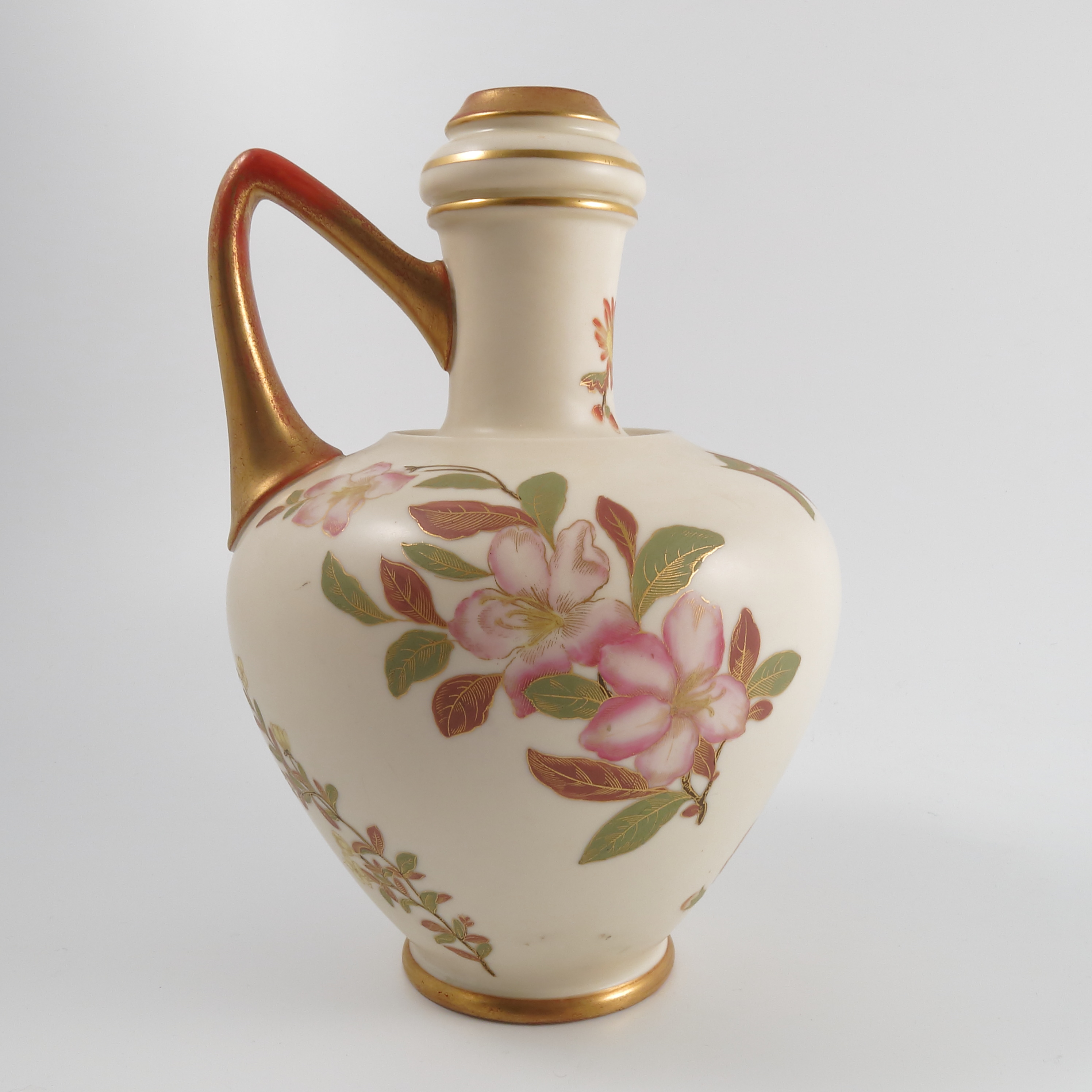 A Royal Worcester ivory vase, with gilt rim and handle, decorated with flowers, shape number 1042, - Image 3 of 3