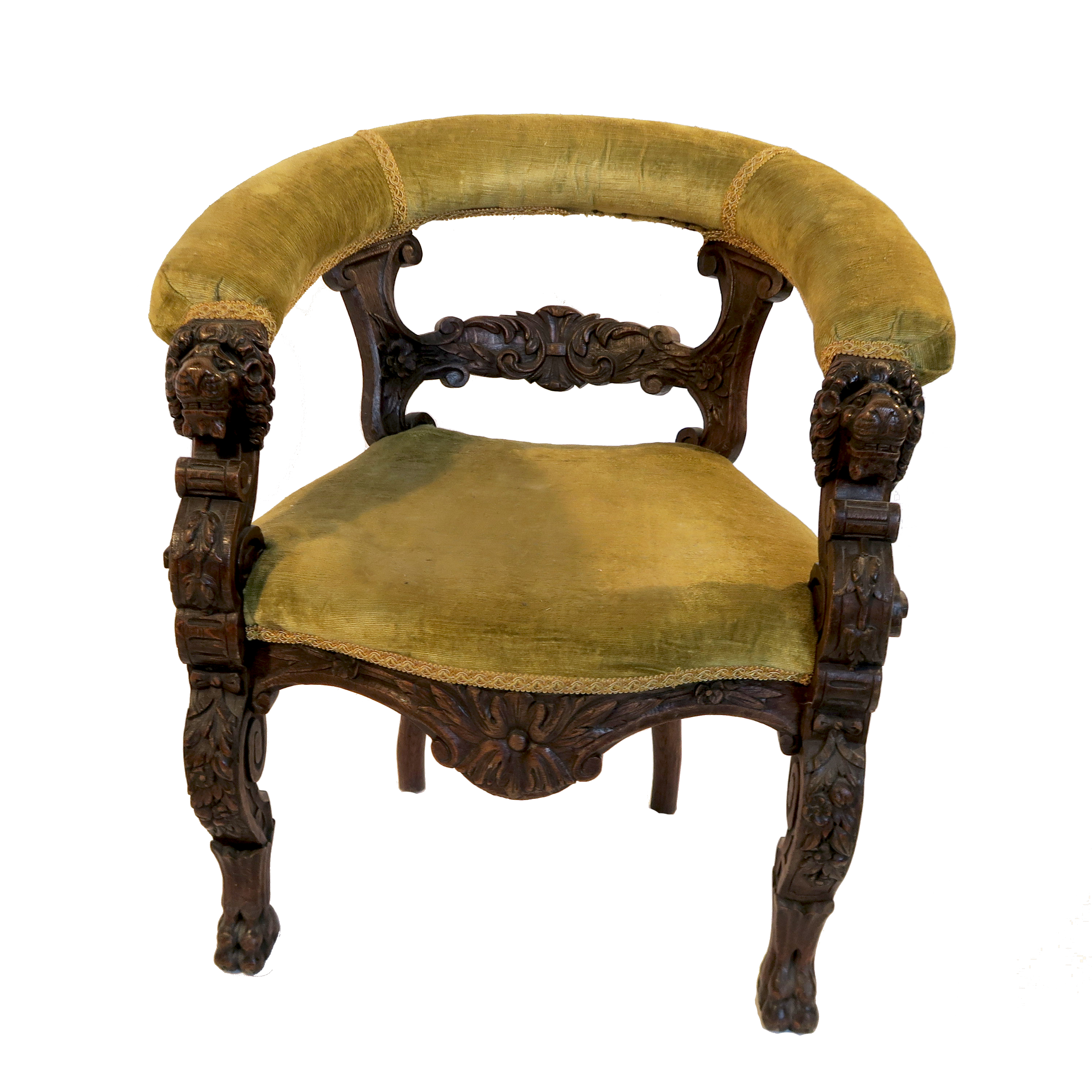 A 19th century oak frame tub chair, with a carved central bar back,