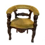 A 19th century oak frame tub chair, with a carved central bar back,