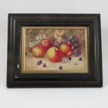In the manner of H Aryton, oil on board, still life study of fruit to a mossy background,